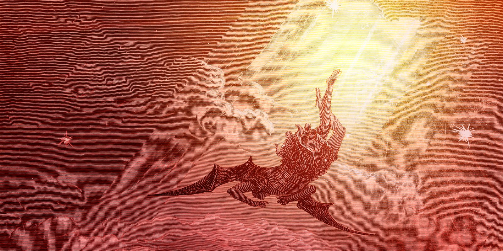 Satan falling with clouds and beams of light