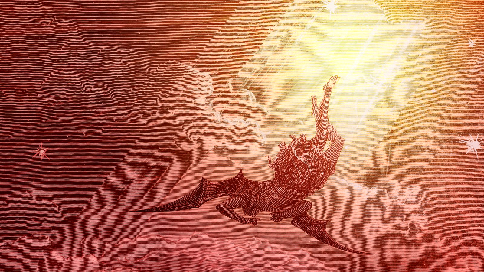 Satan falling with clouds and beams of light