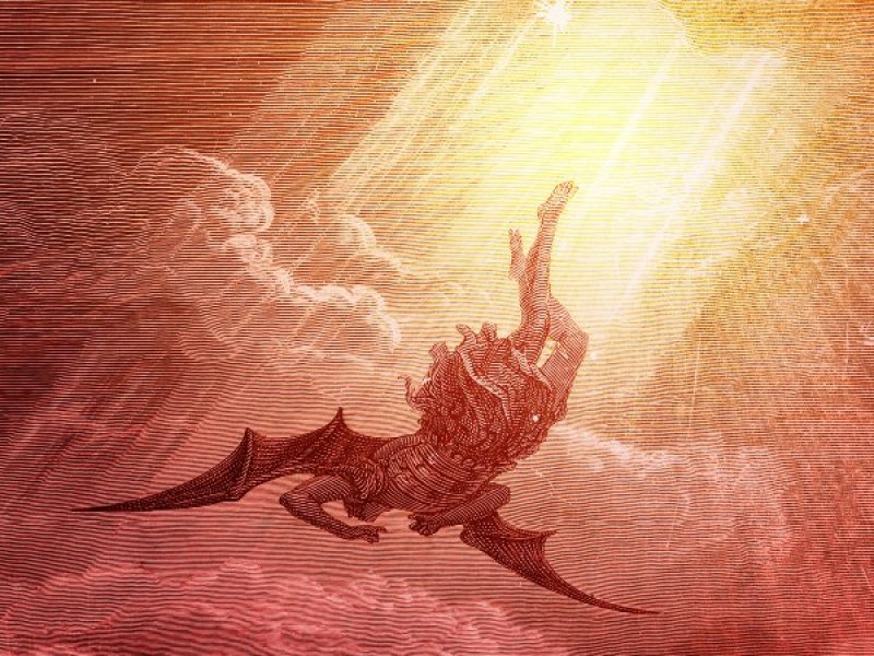 Satan falling with clouds and beams of light