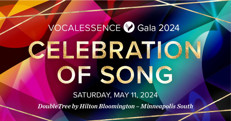 VocalEssence Logotipo de la Gala 2024 con las palabras "Celebration of Song" y la fecha y ubicación del evento en dorado frente a un fondo geométrico colorido. Crédito del diseño: Lora Joshi