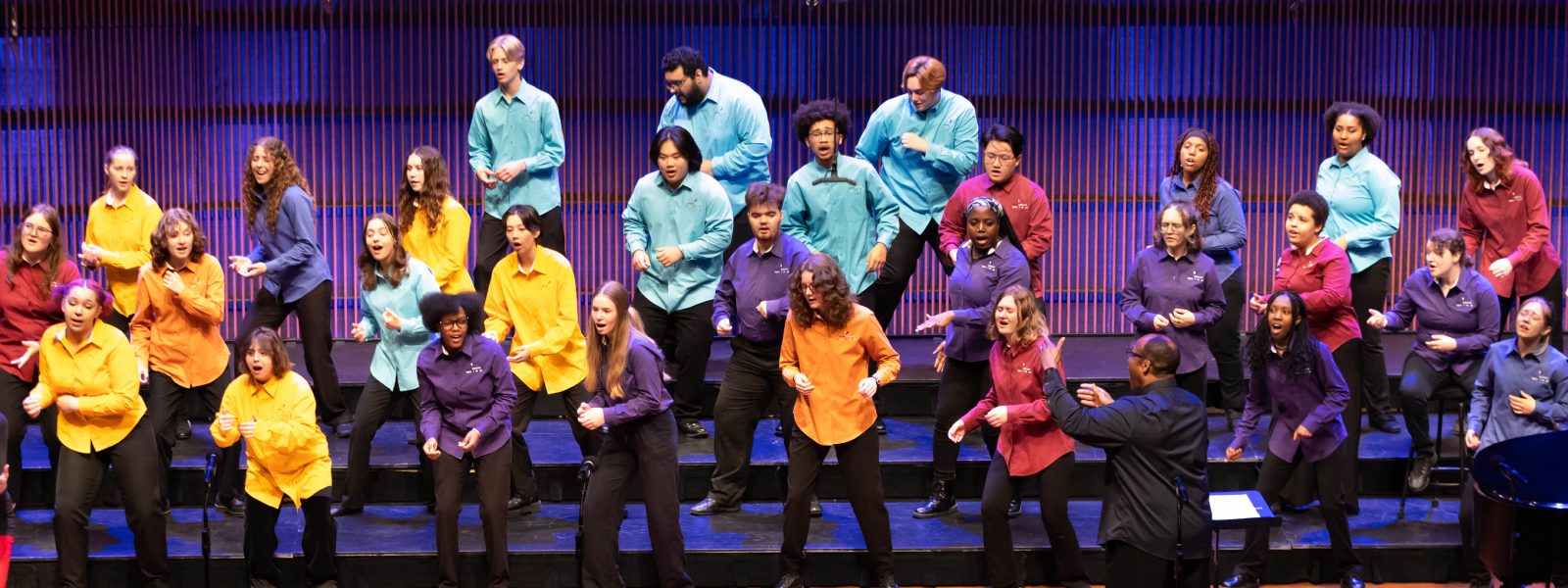 Miembros de VocalEssence Cantantes de esta época en el escenario vistiendo camisetas multicolores.