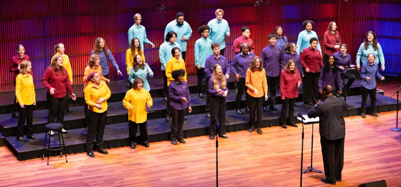 Members of VocalEssence Singers Of This Age on performing stage wearing multi colored shirts.