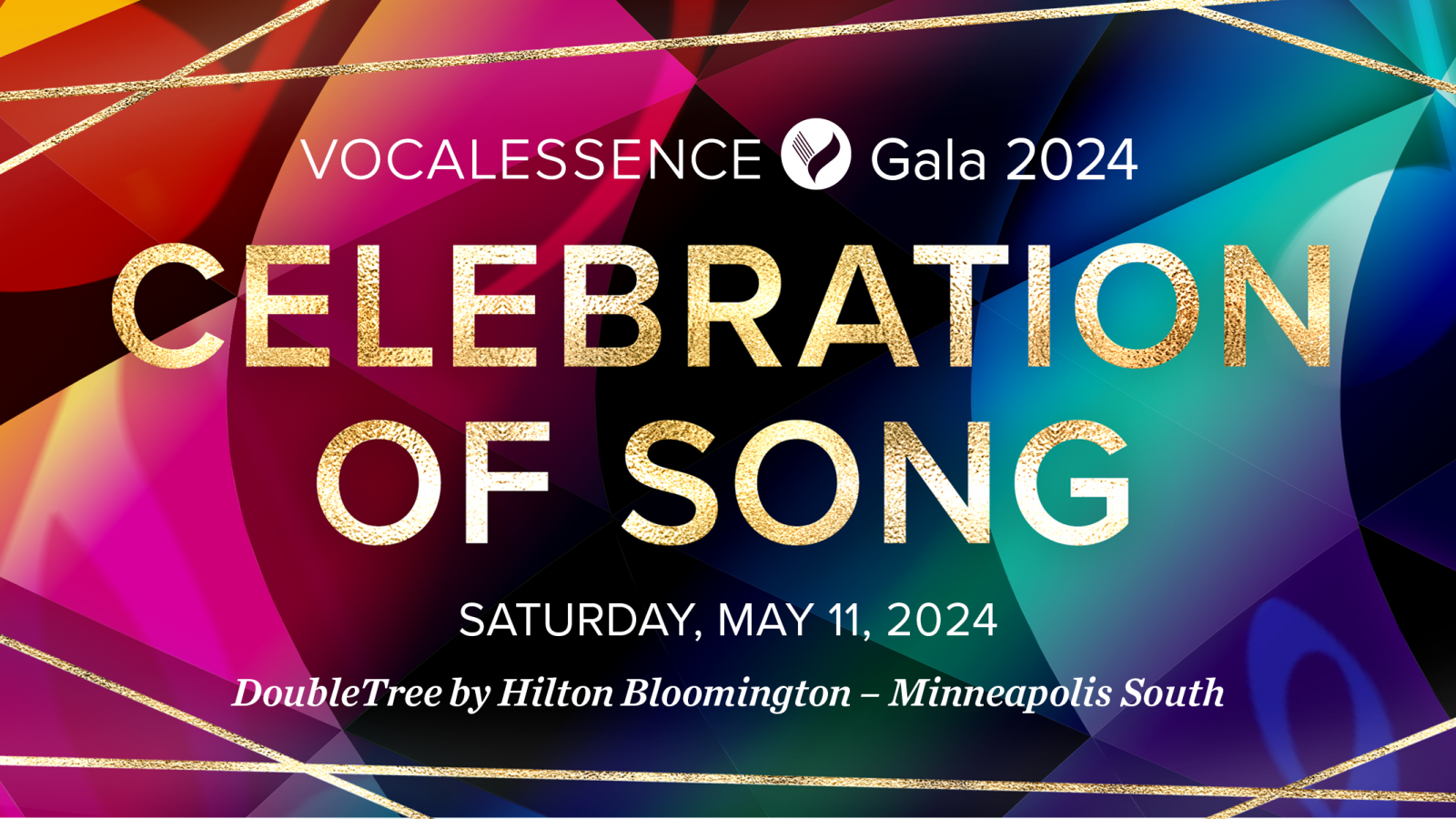 VocalEssence Logotipo de la Gala 2024 con las palabras "Celebration of Song" y la fecha y ubicación del evento en dorado frente a un fondo geométrico colorido. Crédito del diseño: Lora Joshi