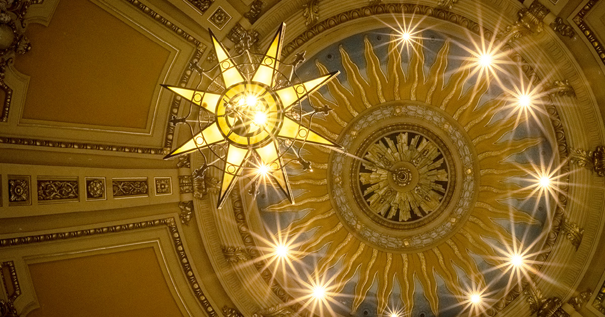 Ceiling of the Cathedral of Saint Paul featuring hanging star-shaped lantern. Photo credit Ethan Kellum Johnson.