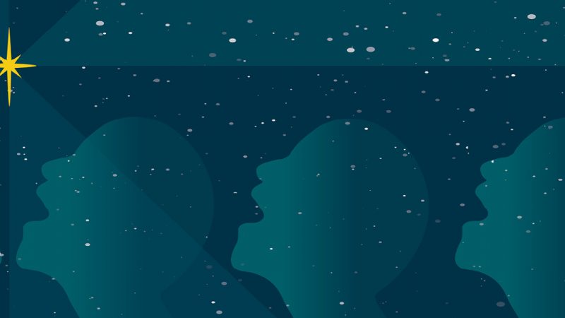 Illustration of dark teal silhouettes of four singers' heads inclined towards the Christmas star, all on a starry night background. Design: Emma Jirele.