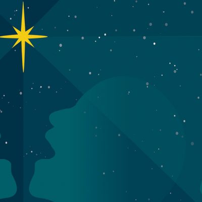 Illustration of dark teal silhouettes of four singers' heads inclined towards the Christmas star, all on a starry night background. Design: Emma Jirele.