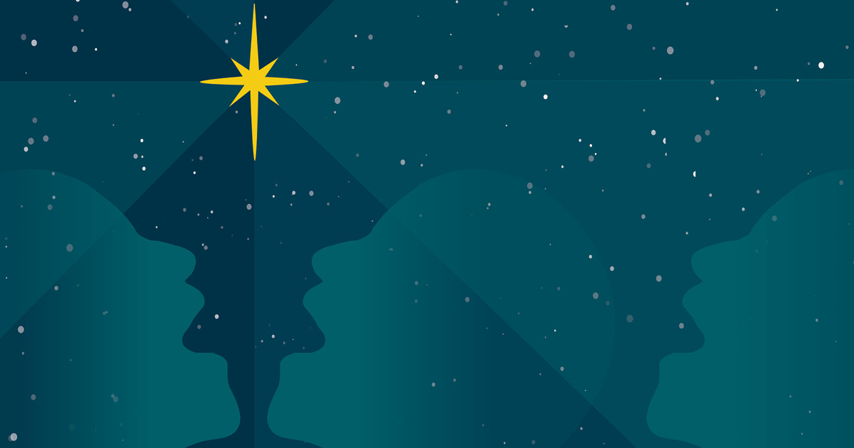 Illustration of dark teal silhouettes of four singers' heads inclined towards the Christmas star, all on a starry night background. Design: Emma Jirele.