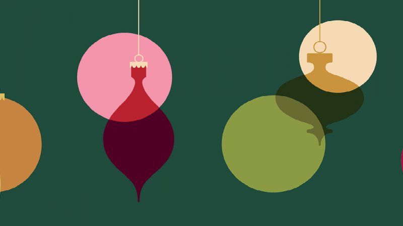 Illustration of brightly colored circles and Christmas ornaments spread across a dark green background. Design: Emma Jirele.
