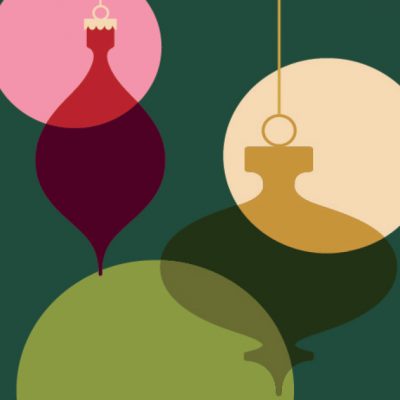 Illustration of brightly colored circles and Christmas ornaments spread across a dark green background. Design: Emma Jirele.