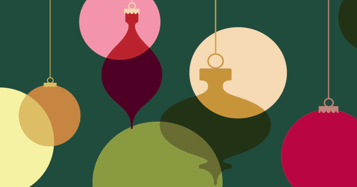 Illustration of brightly colored circles and Christmas ornaments spread across a dark green background. Design: Emma Jirele.