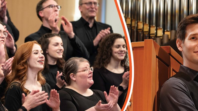 A collage image. On the left VocalEssence Ensemble Singers wearing black perform while clapping their hands with joyful expressions. On the right, Greg Zelek, wearing a black shirt and vest with hands folded poses in front of an organ console and pipes. Photo Credit (L-R): Bruce Silcox and Peter Rodgers