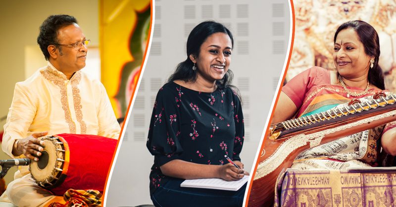 A collage image. On the left Thanjavur K. Murugaboopathi sits playing the mridangam, a South Indian hand drum. In the center, Shruthi Rajasekar wearking a black floral top sits holding a pencil and a notebook. On the right, Nirmala Rajasekar sits playing the veena, a plucked string instrument. Photo Credit (L-R): ReyMash Photography, Roscoe Rutter, and ReyMash Photography