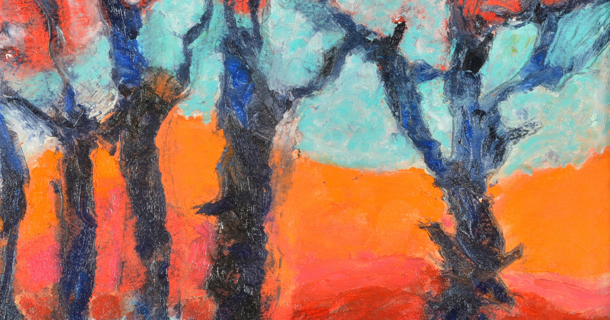 "Five Trees" painting by Carolyn Brunelle. Image of abstract trees with dark colored branches without leaves in front of a background with blues, red, and oranges reminiscent of a sunset.