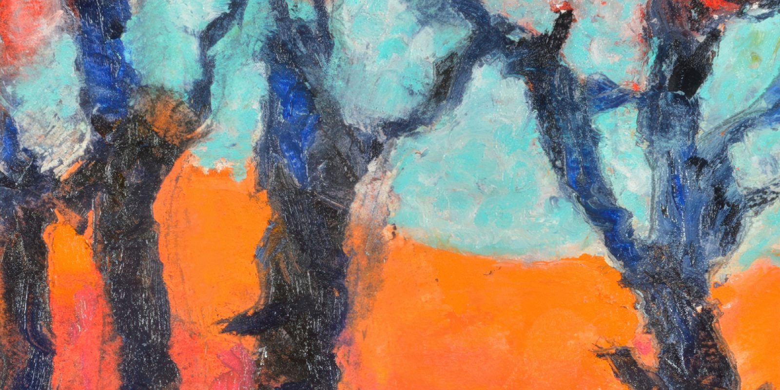 "Five Trees" painting by Carolyn Brunelle. Image of abstract trees with dark colored branches without leaves in front of a background with blues, red, and oranges reminiscent of a sunset.