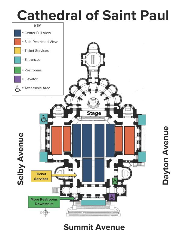 Map of the interior of the Cathedral of Saint Paul with a key for entrances, where to find Ticket Services, restrooms, and the elevator.
