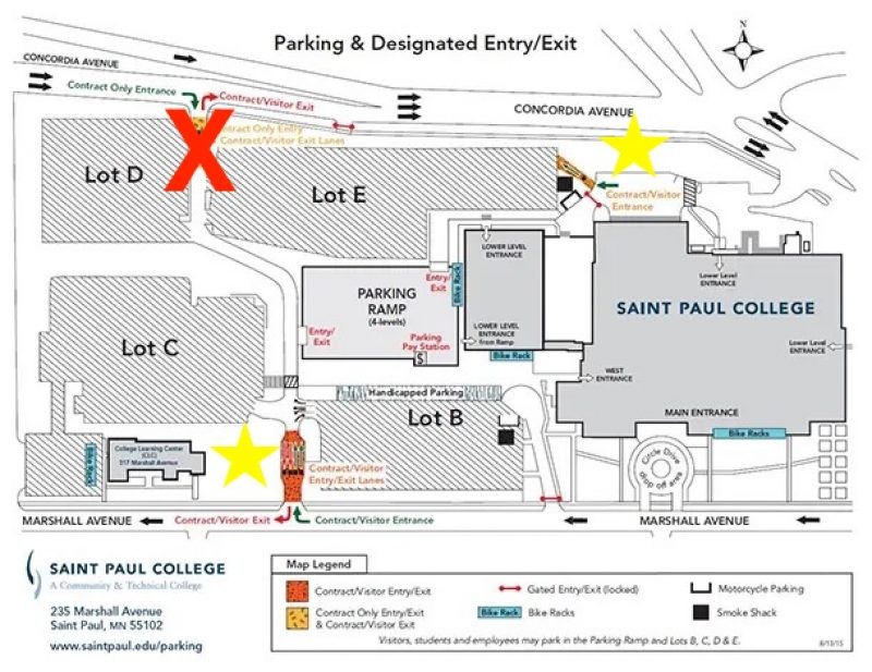 Image of map of Saint Paul College Parking Ramp and Lots with yellow stars noting which two entrances are open via Concordia and Marshall Avenues and a red letter "X" on the closed entrance.