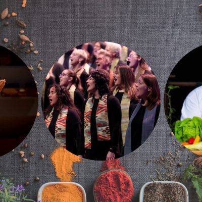 Collage of images. Background is spices with three circles with photos in them. The first image on the left is of G. Phillip Shoultz, III in profile with his arms stretched out. The middle circle is an image of VocalEssence singers wearing black with multicolored stoles sing looking to the left. The right circle is Chef James Johnson wearing a white chef's coat and holding a container of vegetables.