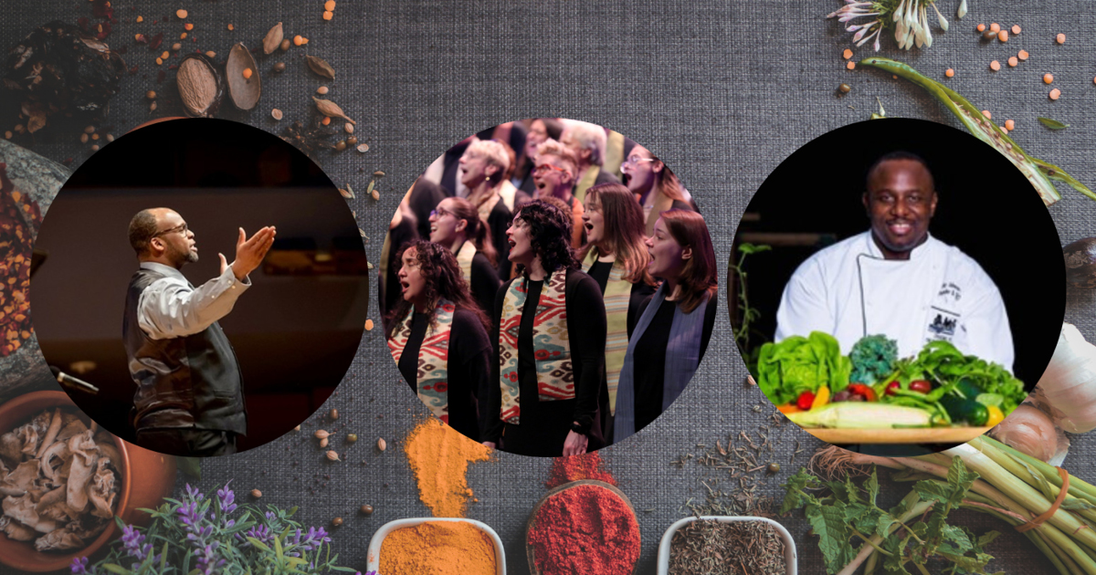 Collage of images. Background is spices with three circles with photos in them. The first image on the left is of G. Phillip Shoultz, III in profile with his arms stretched out. The middle circle is an image of VocalEssence singers wearing black with multicolored stoles sing looking to the left. The right circle is Chef James Johnson wearing a white chef's coat and holding a container of vegetables.