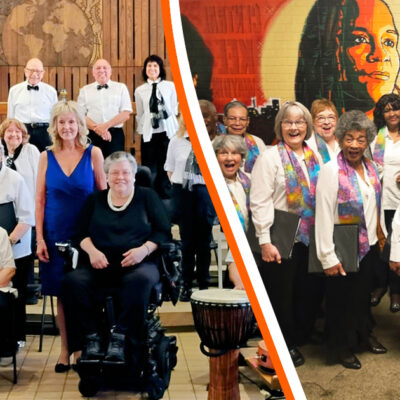 A collage image. On the left Minneapolis Southside Singers pose for a photo in rows wearing white shirts with black scarves or bow ties and black pants. On the right members of Sabathani Vintage Voices wearing white shirts with multicolored spring stoles and black pants pose in front of a mural. Photo Credit (L-R): Unknown and Robert Graham