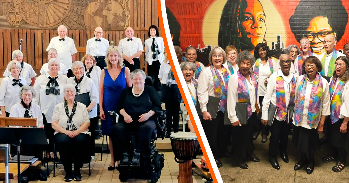 A collage image. On the left Minneapolis Southside Singers pose for a photo in rows wearing white shirts with black scarves or bow ties and black pants. On the right members of Sabathani Vintage Voices wearing white shirts with multicolored spring stoles and black pants pose in front of a mural. Photo Credit (L-R): Unknown and Robert Graham