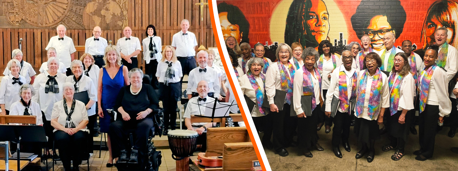 A collage image. On the left Minneapolis Southside Singers pose for a photo in rows wearing white shirts with black scarves or bow ties and black pants. On the right members of Sabathani Vintage Voices wearing white shirts with multicolored spring stoles and black pants pose in front of a mural. Photo Credit (L-R): Unknown and Robert Graham